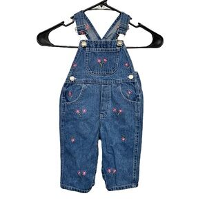 2/$20   Vintage Baby Girls Denim Overalls Floral Embroidery Size 12 Months